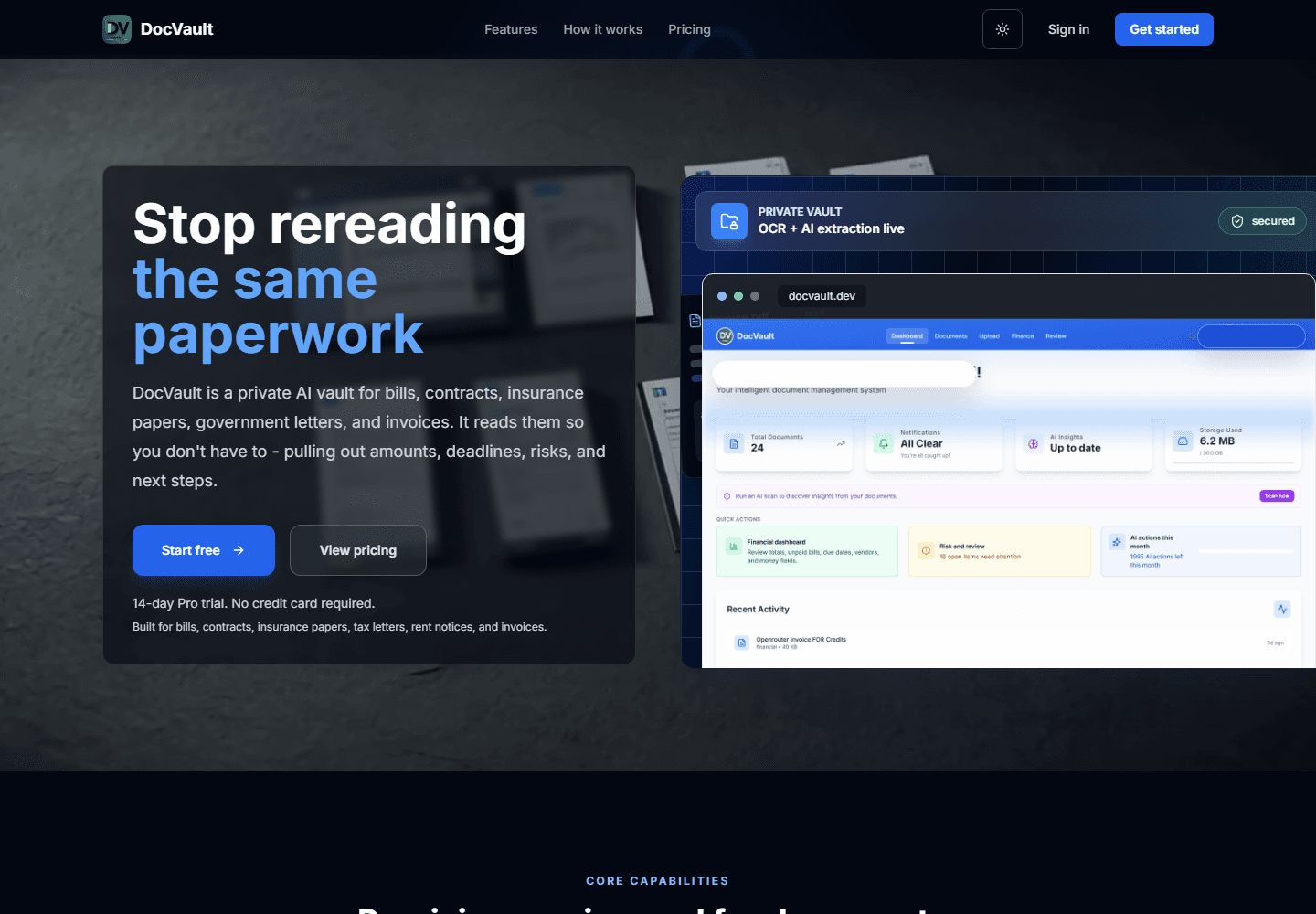 DocVault dark mode document intelligence dashboard